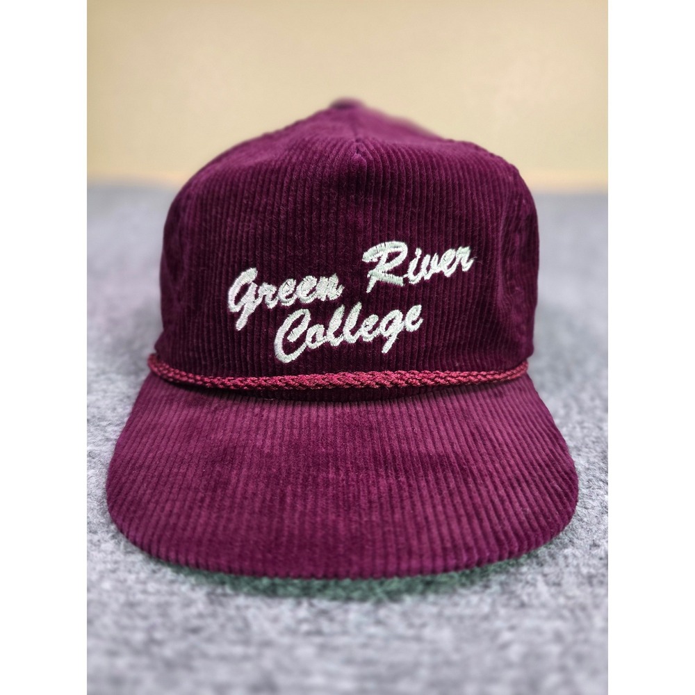 Vintage Green River College Strapback Hat OSFA Somerset Burgundy Corduroy Rope